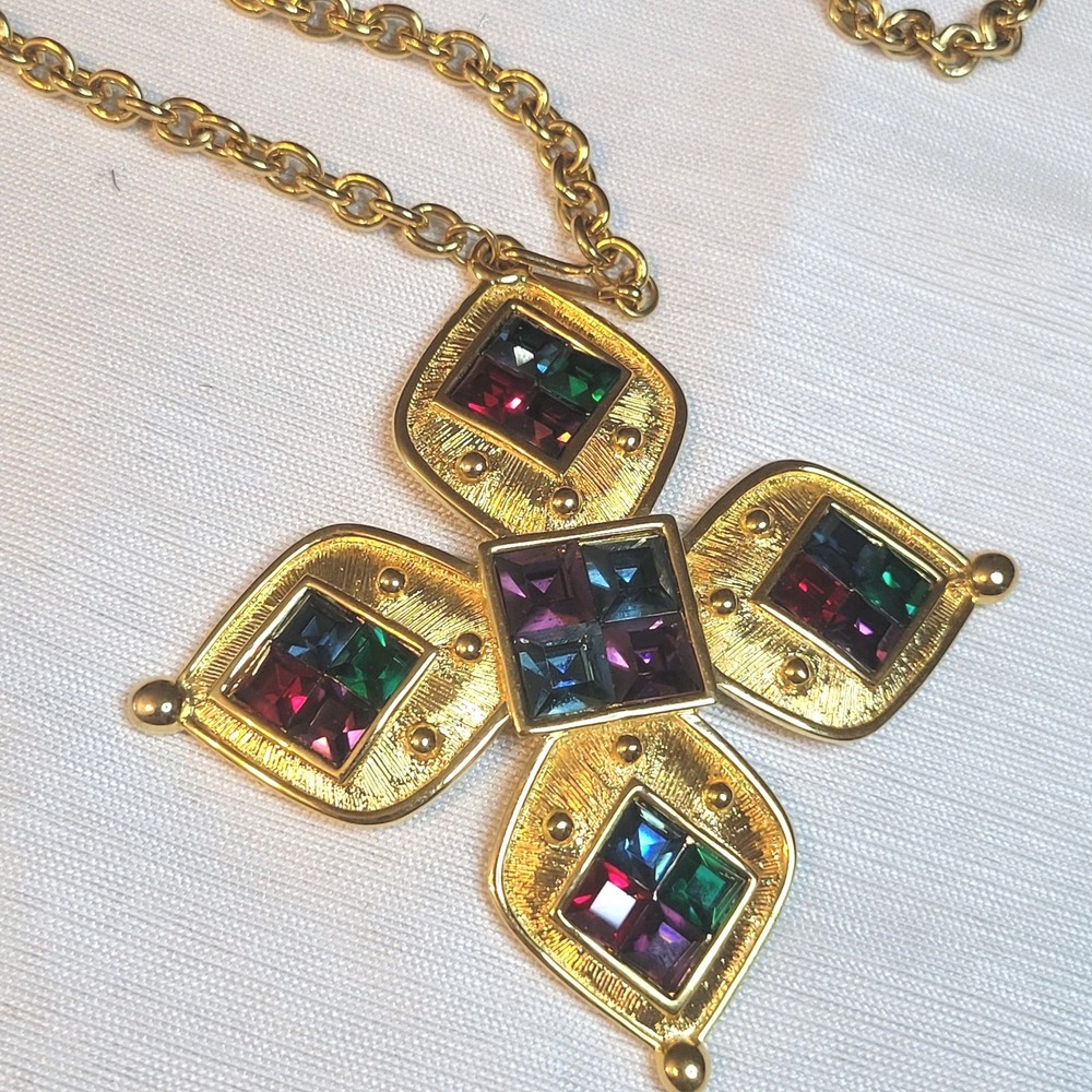Vintage Napier Galleria Gold Tone Runway Necklace Multi Color Swarovski Crystal