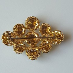 Vintage Signed Austria Asymmetrical Gold Tone Brooch w/ Green Round Rhinestones