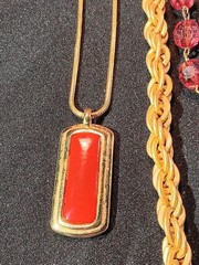 Two Vintage Gold Tone Necklaces Electric Red Pendant & Petal Rouge Bead J18