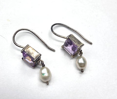 Purple Crystal Freshwater Pearl Sterling Silver Dangle Pierced Earrings Vintage