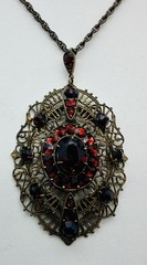 Vintage Antique Bohemian Czech Glass Or Garnet Pendant Necklace 17” Lovely!