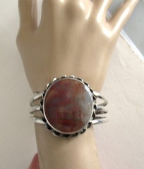 UNISEX HEAVY WIDE NAVAJO STERLING CUFF BRACELET w PETRIFIED WOOD, 51GR, 7 INCHES