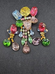 Vintage Chandelier Large Brooch & Earrings Multicolor Rhinestones Set