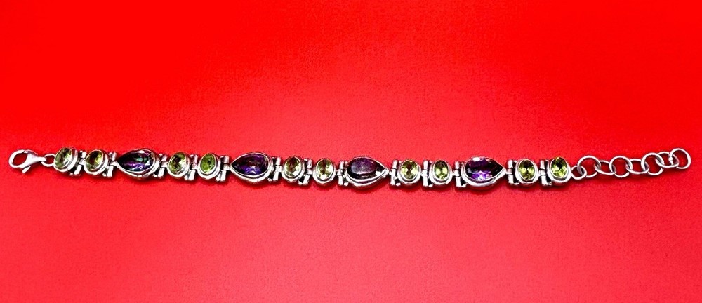 Vintage Sterling Silver Mystic Topaz Peridot Bezel Link Bracelet Adjustable 7-8″