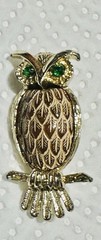 Vintage Owl Green Rhinestone eyes/Brown Belly Gold Tone Brooch/Pin