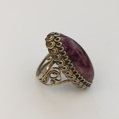 VTG Filigree Ring Large Marquise Amethyst Stone Boho Bohemian Cabochon Purple