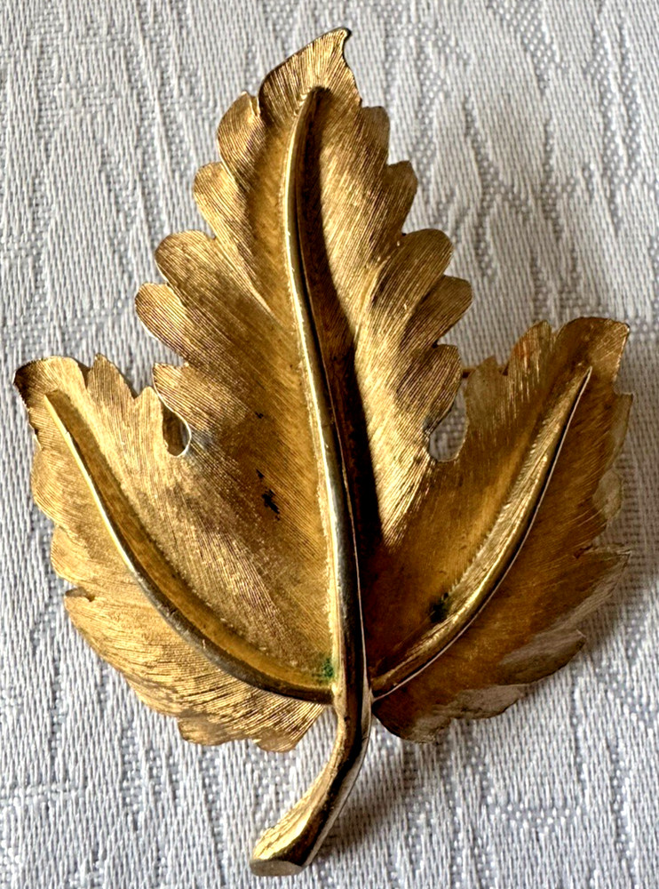 Vintage Gold Tone Leaf Brooch Signed Trifari Textured Mid Century Costume Jewel