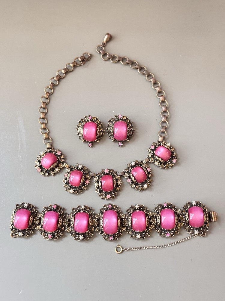 Vintage SELRO SELINI Baroque Necklace, Bracelet & Earring Set, Pink Moon Glow