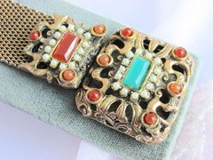 Antiqu Victorian Brass Mesh Faux Emerald Faux Carnelian Bracelet Intricate Clasp