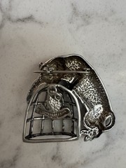 Jezlaine Silver 925 Cat With Bird In Cage Brooch Pin. Signed