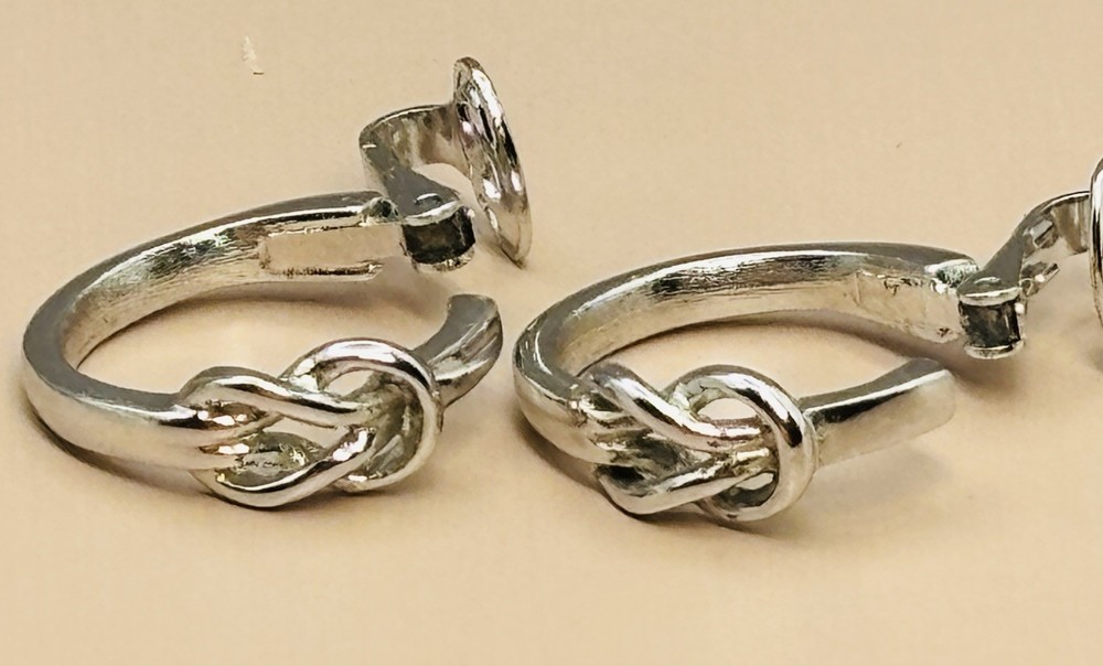 Trifari Earrings Clip On Silver Tone Love Knot Hoops