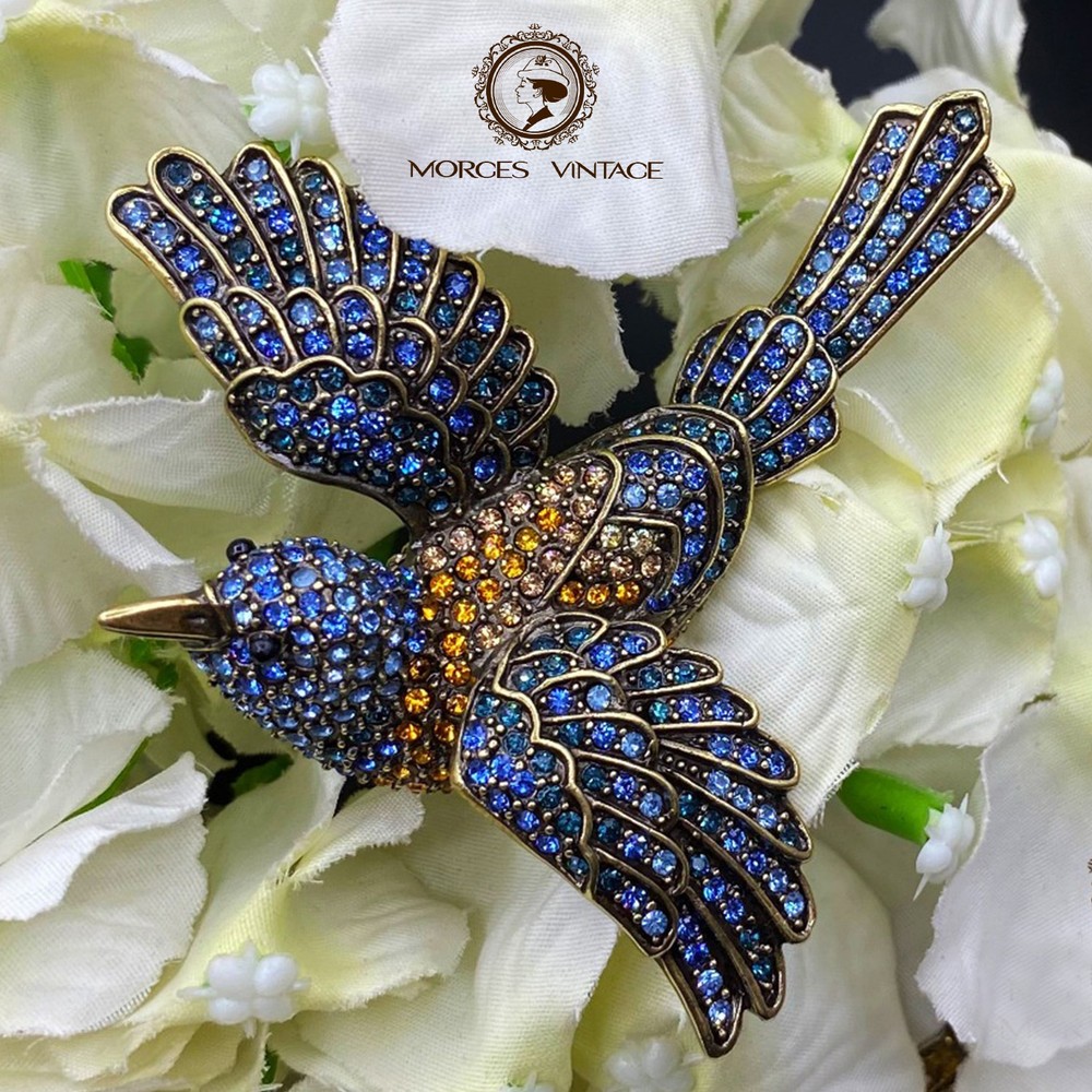 HEI Antique Gold Austrian Crystal Kingfisher Butterfly Love Heart Unicorn Brooch