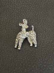 Vintage Pot Metal Rhinestone Poodle Dog Brooch Pin Silver Tone Clear Crystal