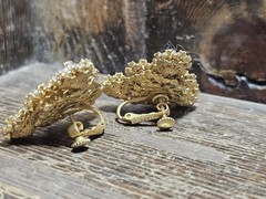 HASKELL Signed Gold Tone Faux Pearl Rhinestone Cluster Clip-On Lobe Earrings