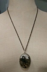 Vtg 1970s Oval Pendant Cabochon Necklace Grey Green Clear Agate? Large Groovy