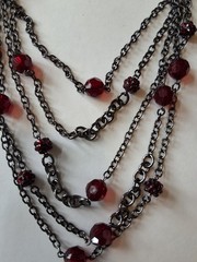 Vintage Multi Strand Tassel Necklace with Deep Red Acrylic Beads and Bracelet.