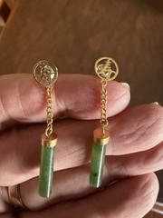 Vintage Chinese Green Nephrite Jade Good Luck Bracelet & Drop Earring Set 7.5” L