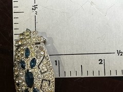 Art Deco Blue Uranium Glow Clear Paste Brooch w/ Baguette & Pavé Rhinestones 2”