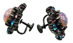 Vintage Coro Rhinestone Earrings Cabochon Blue Pink Stone Screw Ons