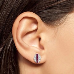 Vintage Style Ruby & Lab-Created Diamond Stud Earrings Art Deco Cluster Gift