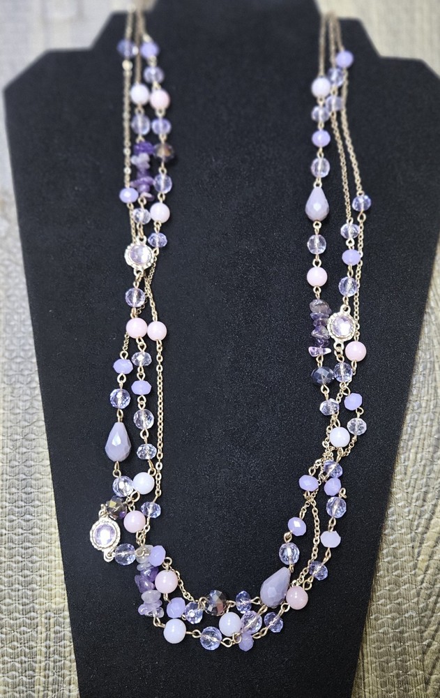 Long Layered Amethyst Chalcedony Crystal Bead Necklace Purple Pink Gold Tone