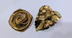 Vintage Gold-Tone Rose & Leaf Clip Brooch Lot, Set of 2, Unsigned