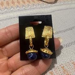 Vintage 80s blue and gold drop earrings glam retro small gift for her