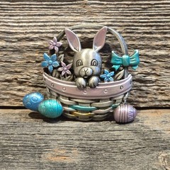 Vintage JJ Bunny Easter Basket Brooch Jonette Jewelry Rabbit Spring Holiday Eggs