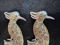 PAIR Antique Vtg Art Deco Rhinestone Peacock Bird Of Paradise Brooches 3”
