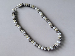 Vintage Beaded Necklace Silver, Gun Metal Gray, and Gray Faux Pearl 24” necklace