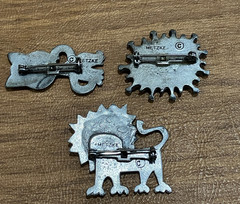 Lot of 3 Vintage 1970s Metzke Pewter Pins/Brooches: Cat/Lion/Smiling Sun Face