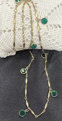 Vintage Bezel Set Green Crystal Station Necklace Bar Link Chain 23”