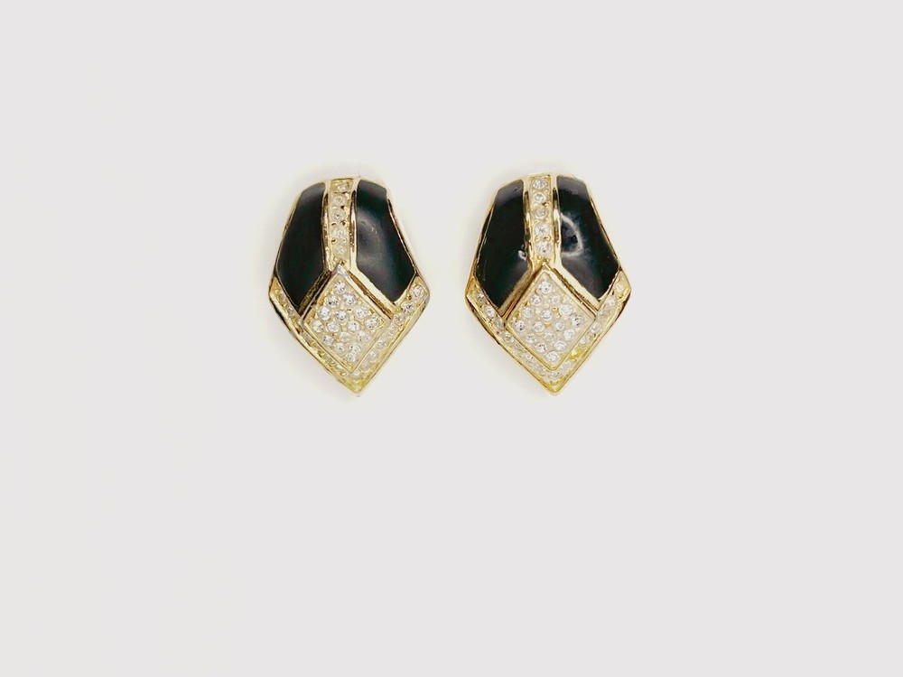 Dior Black Enamel And Crystal Clip-on Gold Tone Earrings