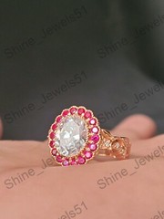 Art Deco Oval Cut Lab Created Diamond & Ruby Halo Wedding Bridal 925 Silver Ring