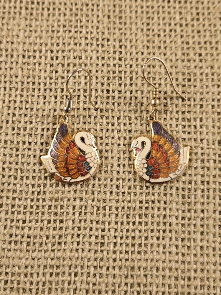 Vintage Cloisonne Enamel Swan Drop Dangle Earrings White Purple Orange Red