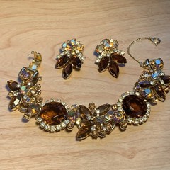 Vintage D&E Juliana Book Brown AB Headlight Rhinestone Bracelet Clip Earring Set