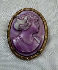 Vtg Pink/Purple Cameo Brooch Gold Tone Frame Lady w/Bob Haircut Wht Stipe 1920s