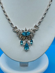 ORA Necklace Vintage 1940’s Blue Rhinestones Silver Tone Collar Length Signed
