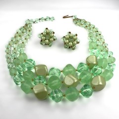 Vintage 50s Green Bauble Necklace Earrings Jewelry Set Frosted Opaque W Germany