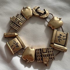 Vintage Gold Tone School Teacher Slide Charm Costume Estate Chunky Bracelet