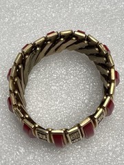 Vintage Gold Tone Red Acrylic Expansion Bracelet Has Symbols Made In Hong Kong