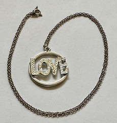 Love Vintage word Love silver metal charm pendant 1 1/4″ 60s 70s necklace 24″