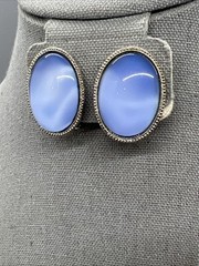 Vintage Blue Oval Clip On Earrings Silver Tone Bezel Cabochon Acrylic Mod Style