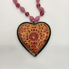 Vintage India Hand Painted Bangle Necklace Heart Floral Boho Beads