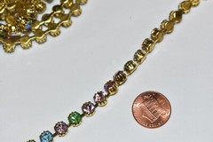 VINTAGE TIFFANY MULTI COLOR 6mm RHINESTONES * CHAIN TRIM * BRASS BY THE FOOT