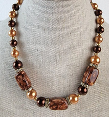Vtg. Golden Brown Millefiori Glass Faux-Pearls Rhinestones Beaded Necklace 15″