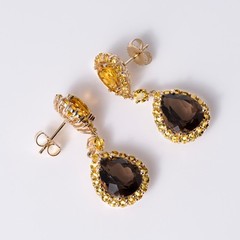 Vintage Mid Century Smoky Quartz & Citrine Double Drop Estate Earrings