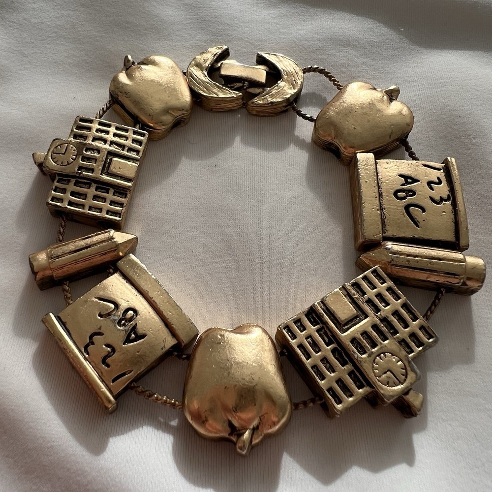 Vintage Gold Tone School Teacher Slide Charm Costume Estate Chunky Bracelet