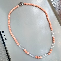 Natural Japan Angel Skin Pink Coral 6.4mm. & Crystal Quartz Necklace 21 in.,35g.