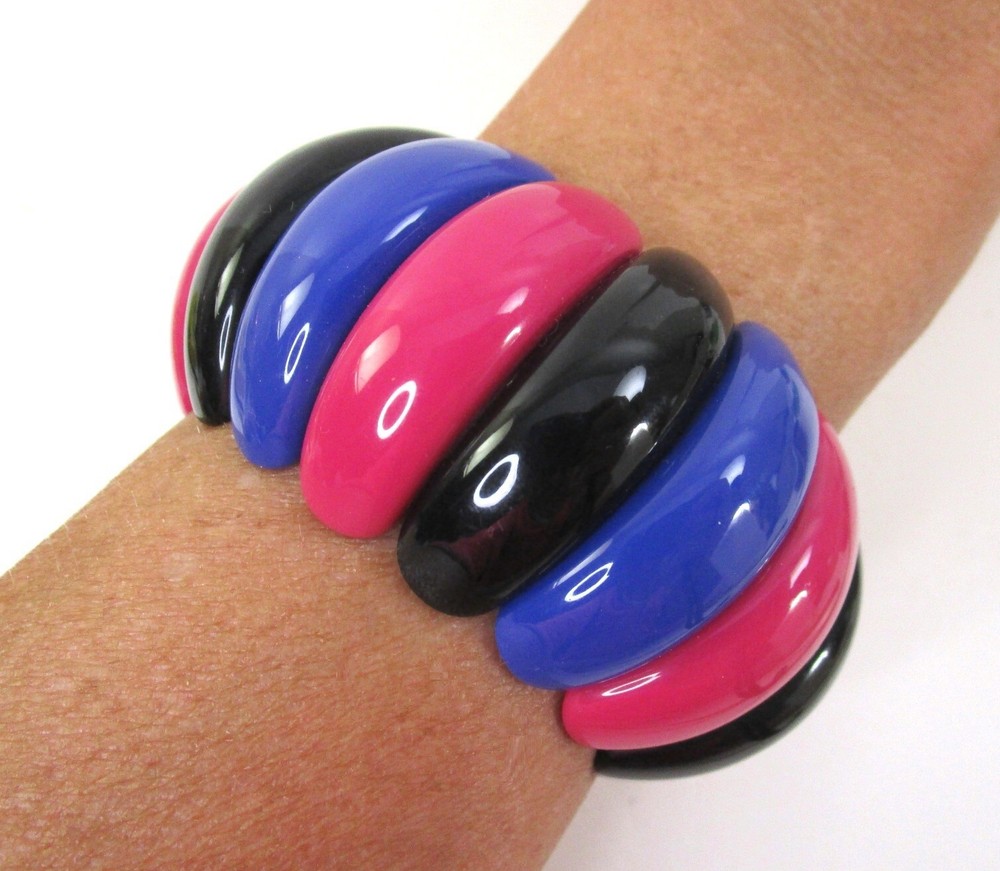 Vintage Avon Chunky Stretch Bracelet Black Blue Fuchsia Pink Art Color 1986